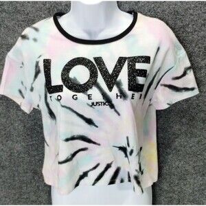 Justice Tee Shirt Woman's L Short Sleeve White Black Sparkle Love Spellout